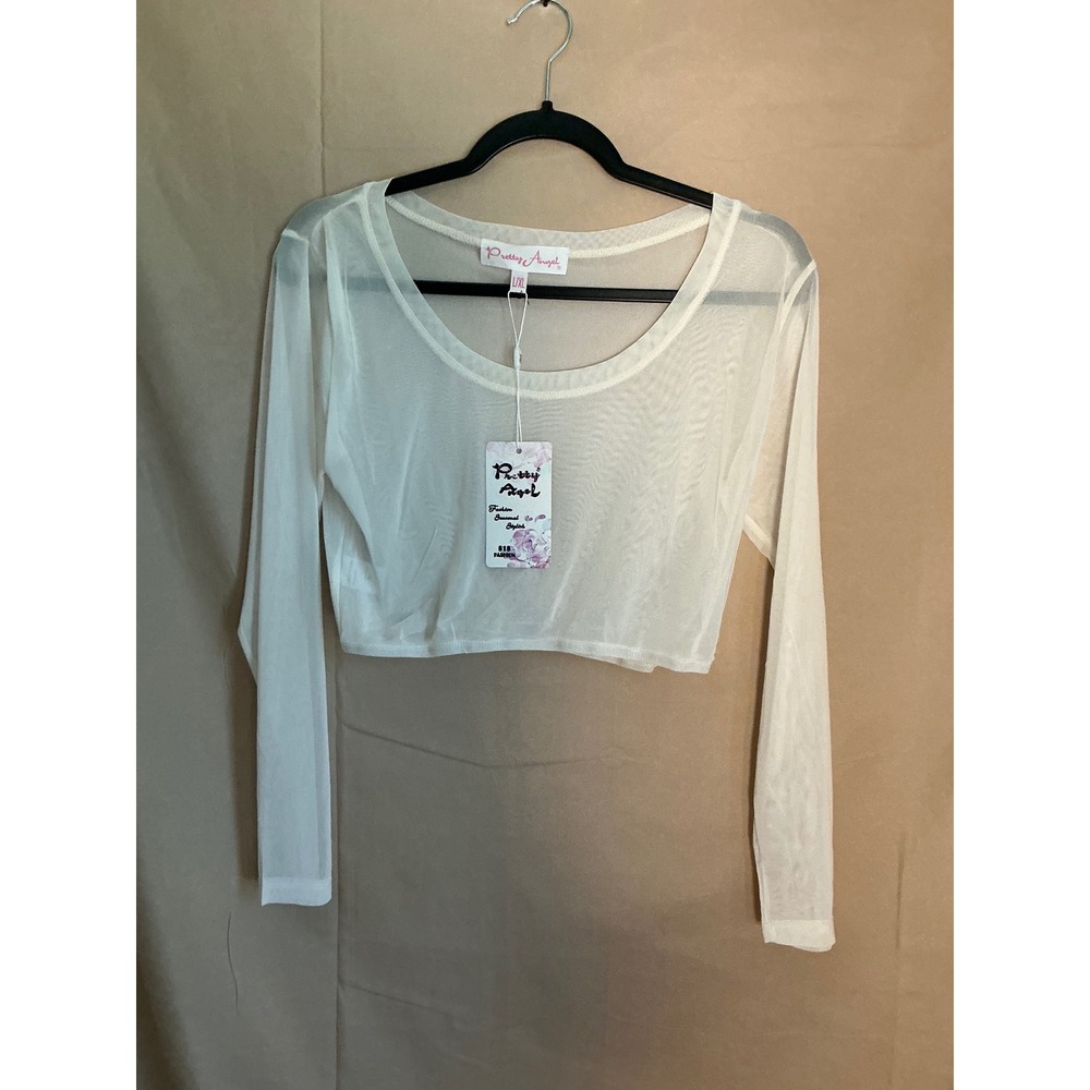 Pretty Angel Mesh Crop Top Women L/XL White New Sheer Long Sleeve ACR-LS-65350